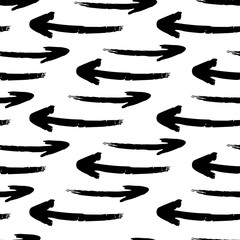 Hand drawn grunge arrows, black vector seamless pattern on the white background.
