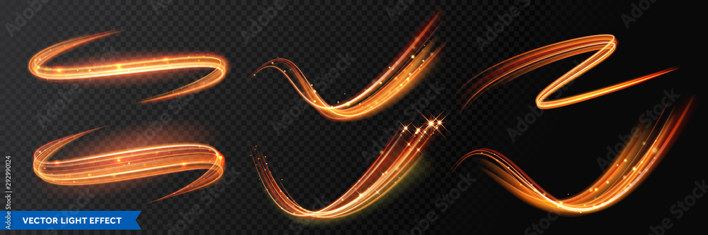 Aufkleber light effect trails, golden glitter glow waves and sparkling flare tails. abstract vector fire light