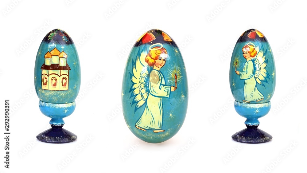 Wall mural Set of Christmas hand-painted wooden egg isolated on white background