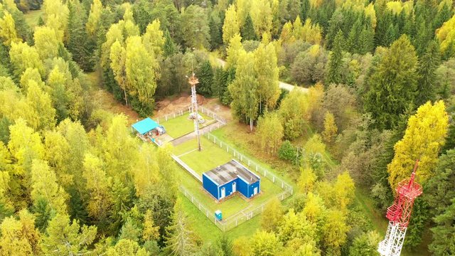 Gas substation in aerial forest. Gas in the forest aerial.