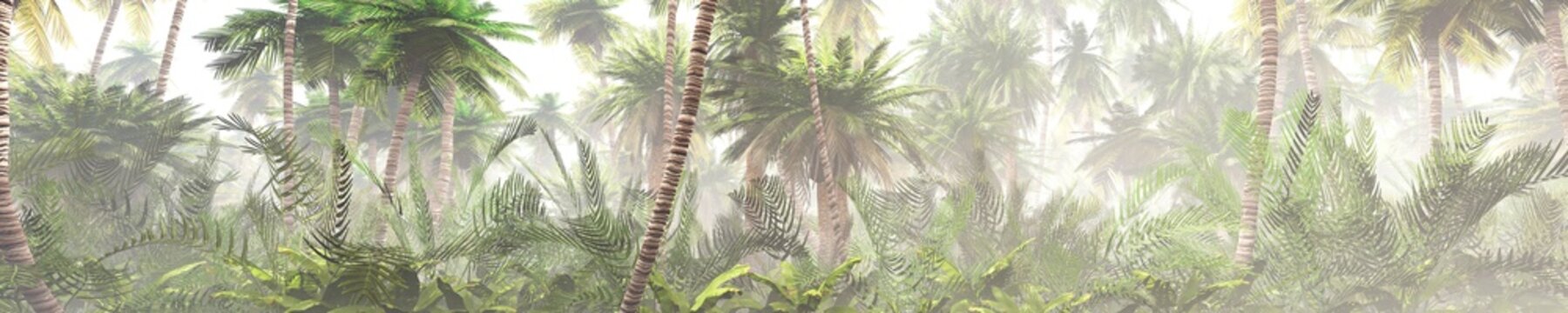 Tropical jungle in the fog. Palms in the morning. 3d rendering.	
