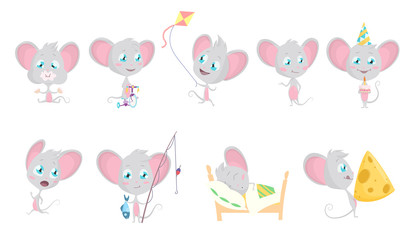 Cute grey mouse set. Mouses eats, fishing, run, sleeping, rides a bicycle, kite, with a big slice of cheese, in a fun conical hat with a cake. Cartoon mouse in situations and poses.
