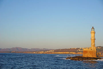 The famous lighthouse on the coast of Chania, Crete. Greece.