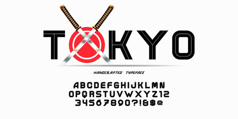 Logo with the inscription "Tokyo" and crossed Katanas, as well as Vector decorative bold font design, alphabet, font, typography. © VWORLD