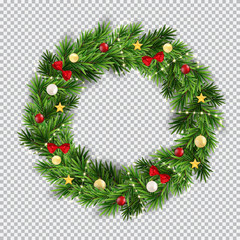 Fototapeta na wymiar Christmas wreath on transparent background. Vector Illustration