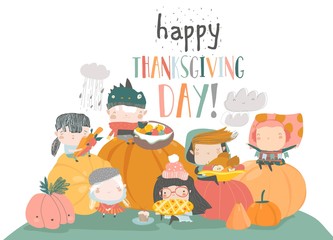 Cartoon children harvesting on white background. Happy Thanksgiving Day