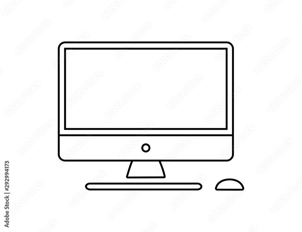 Poster Computer monitor keyboard and mouse icon vector illustration. Computer line in cartoon style. Screen computer monitor keyboard and mouse. Vector linear icon set.