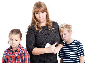 Strict mother read the riot asts her children about pocket money spending, holds cash in hands and gesturing with finger, isolated on white background