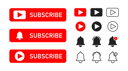 Flat button with red subscribe on white background for concept design. Subscribe button icon. Social media symbol. Red play button icon.