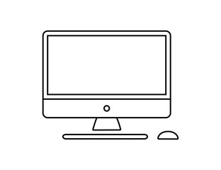 Computer monitor keyboard and mouse icon vector illustration. Computer line in cartoon style. Screen computer monitor keyboard and mouse. Vector linear icon set.