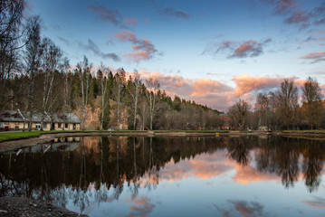 Ligatne village and the lake in foreground. Ligatne, Latvia. (high ISO image)