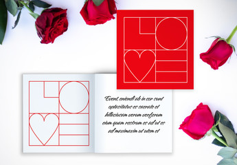 Red and White Square Card Layout with Abstract 'Love' Text Element 