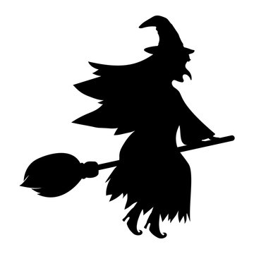 Witch with a cat on a broomstick for Halloween isolated on white