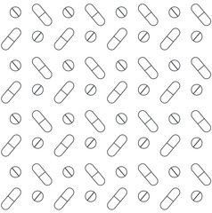 Vector seamless pattern of flat outline medical pills isolated on white background