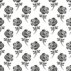 Black roses silhouettes and leaves on white background. Seamless pattern. Alice in Wonderland background for fabric, wrapping, wallpaper. Decorative print. Vector illustration