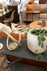 Modern home decor with ivy in white plater and geometric figurine 