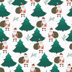 Cute Christmas seamless pattern with doodle Santa Claus with gifts and twigs in fir forest. Winter texture with branches and snowflakes for textile, wrapping paper, wallpaper, new year decor
