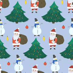 Blue Christmas seamless pattern with cute hand drawn Snowmen, Santa Claus with gifts and fir trees. Winter doodle texture with holiday balls for textile, wrapping paper, wallpaper, new year decor