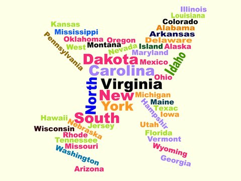 Word cloud airplane travel concept made with words all U.S. states names
