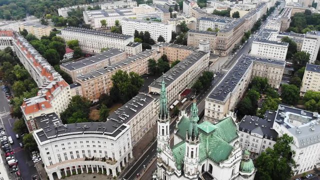 Aerial view of Zbawiciela Square historic landmark in Warsaw, Poland