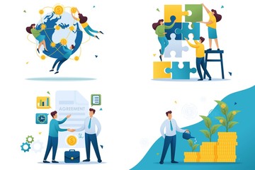 Set Flat 2D concepts teamwork, investment company, investment and growth, business agreement.. For Concept for web design