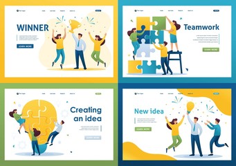 Set Flat 2D concepts winner, teamwork, creating an idea, new idea. For Landing page concepts and web design