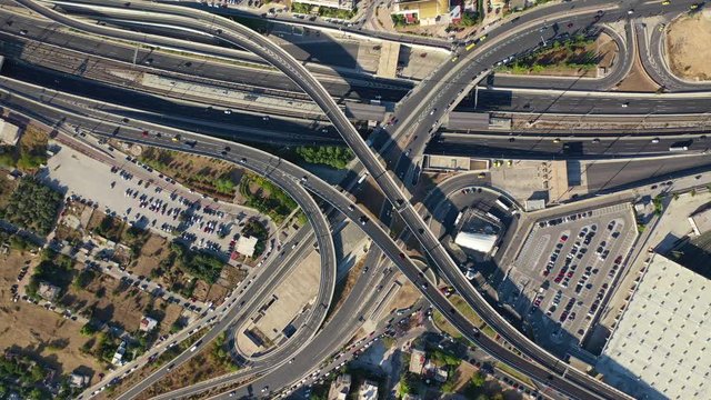 Aerial video of Attiki Odos multilevel junction highway leading to Athens International Airport Eleftherios Venizelos, Attica, Greece