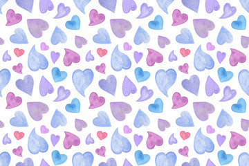 Repeat pattern of blue and violet hearts of different sizes, ornament for St Valentine holiday celebrations