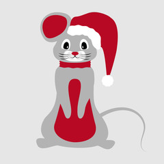 Gray New Year`s Christmas mouse with red hat and scarf, vector illustration