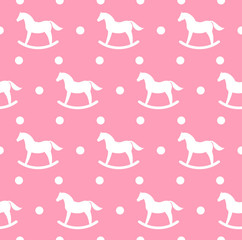 Vector seamless pattern of white rocking horse silhouette isolated on pink background