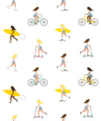 Vector seamless pattern of flat cartoon young women with surf, skate, scooter and bicycle isolated on white background. Different active girls illustration