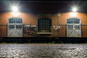 Gates of an old warehouse, Warehouse Dock at Night, old warehouse at night