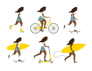 Vector flat cartoon set of different African American young women isolated on white background. Girls with surf, skate boards, rollers and scooter bundle illustration