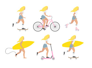 Vector flat cartoon set bundle of different young women isolated on white background. Girls with surf, skate boards, rollers and scooter illustration 