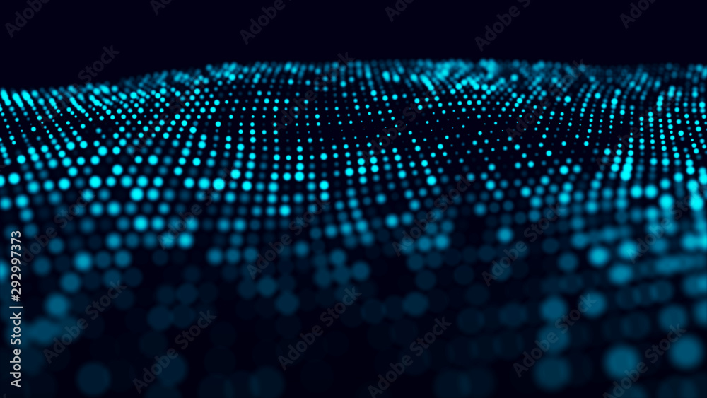 Poster Abstract background with the movement of luminous particles. Digital technology. 3D rendering.