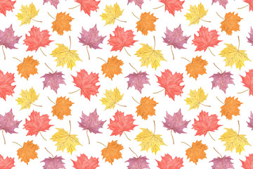 watercolor red, purple and yellow autumn maple leaves, repeat pattern in vibrant colors