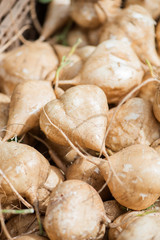 fresh jicama in a crate at local farmers market, tan root vegetables, raw diet, vegetarian, eat local, mexican turnip, spanish jicama, yam bean, many vegetables