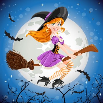 Red haired witch in purple dress flying on a broom in the night sky on the background of the full Halloween moon