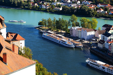 Aerial view towards the old town of Passau and its castle Veste Oberhaus