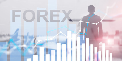 Trading currency exchange business finance diagrams dollar euro icons on blurred background. Forex.