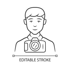 Photojournalist linear icon. Photographer, paparazzi. Making snapshot. Professional media correspondent. Thin line illustration. Contour symbol. Vector isolated outline drawing. Editable stroke