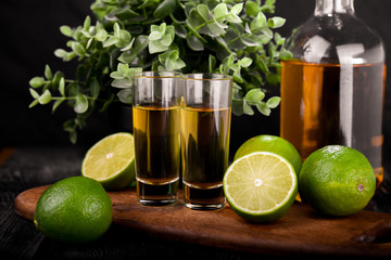 Mexican Gold Tequila with lime and salt on black background with copyspace.