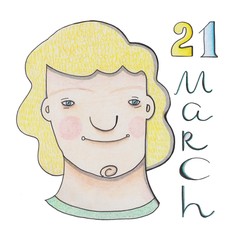 21 march - World Down Syndrome Day. Cartoon girl holding paper with written text of 21 march. Down Syndrome Awareness illustration.