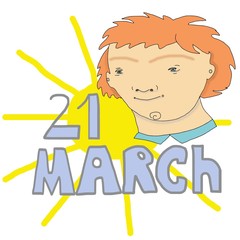 21 march - World Down Syndrome Day. Cartoon girl holding paper with written text of 21 march. Down Syndrome Awareness illustration.