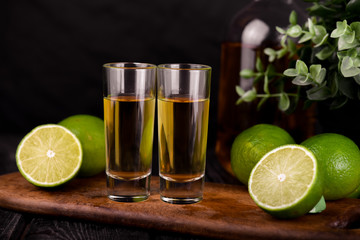 Mexican Gold Tequila with lime and salt on black background with copyspace.