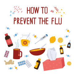 How to prevent the flu concept.Caught cold flu or virus. Ways to treat illness around. Vector isolated objects on white background. Flu treatment object.