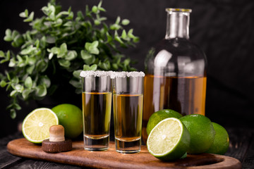 Mexican Gold Tequila with lime and salt on black background with copyspace.