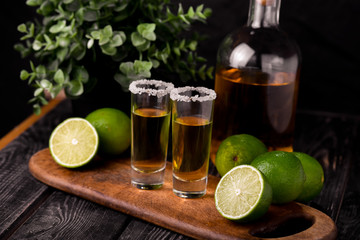 Mexican Gold Tequila with lime and salt on black background with copyspace.