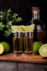 Mexican Gold Tequila with lime and salt on black background with copyspace.
