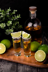 Mexican Gold Tequila with lime and salt on black background with copyspace.